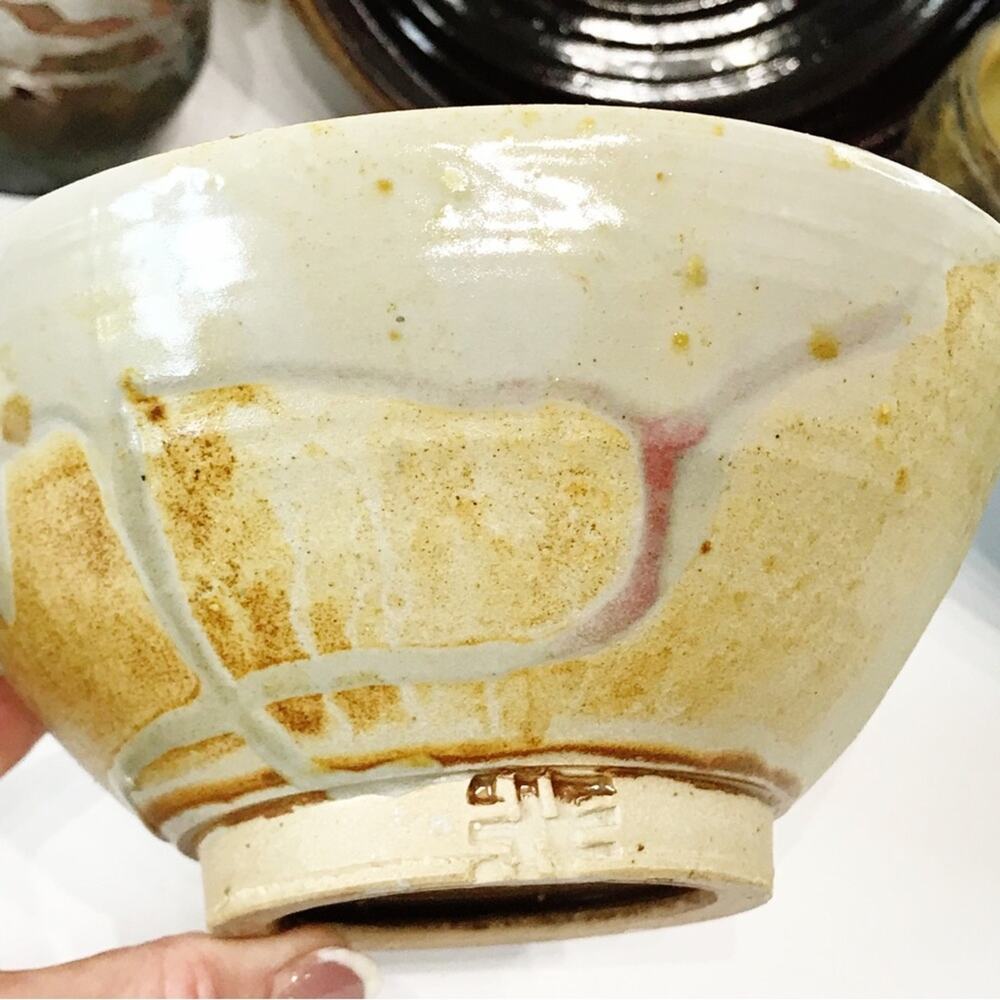 Vintage Signed Studio Art Pottery Tea Noodle Bowl Pastel Drip Glaze Footed Dish - Picture 8 of 15